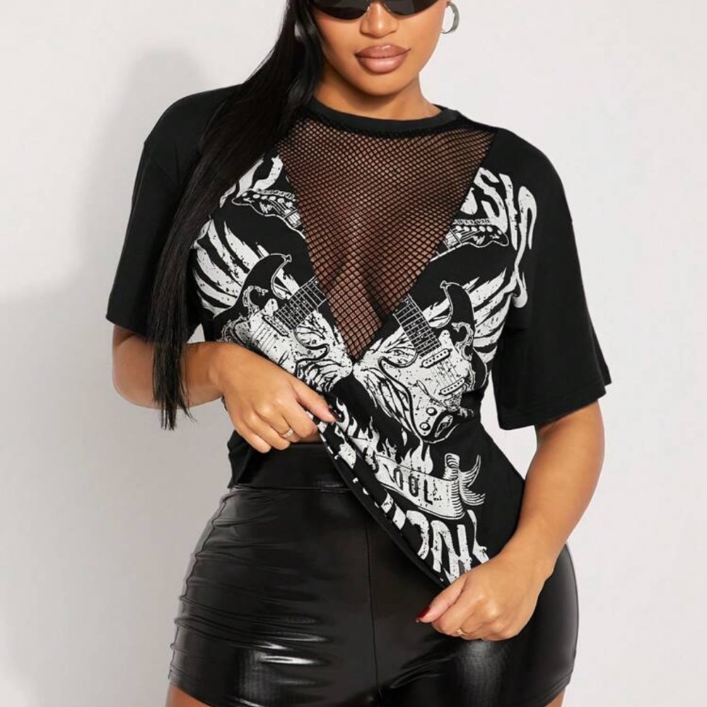 Black Graphic Mesh Detail Top